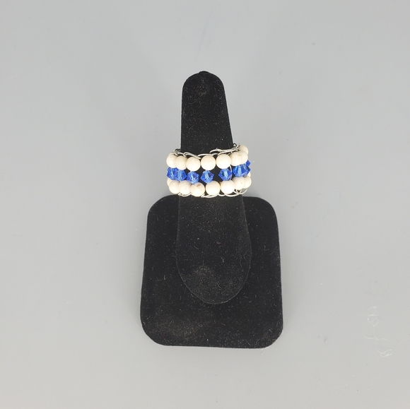 Ivory and Blue Swarovski Beaded Ring - Picture 2 of 8